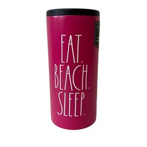 RAE DUNN “EAT BEACH SLEEP” Slim-Can Cooler Stainless Steel 12oz ROSE PINK NEW